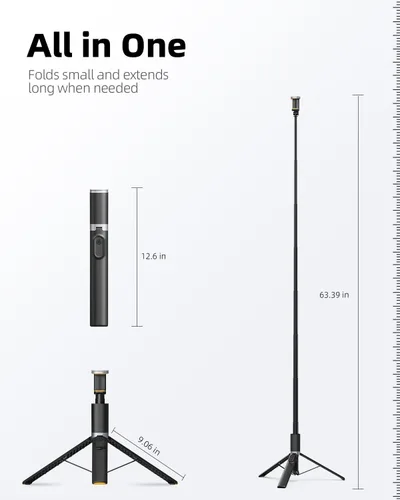 Vista 7 de TODI Trípode para selfie stick para teléfono celular de 63 pulgadas, trípode portátil para iPhone con control remoto inalámbrico, soporte extensible
