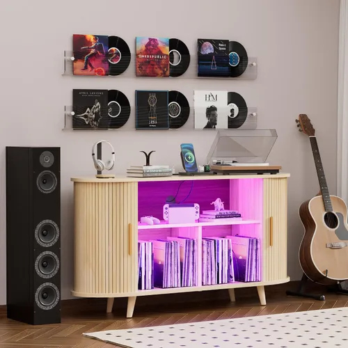 Vista 7 de Soporte para tocadiscos con almacenamiento de vinilo, soporte para tocadiscos con almacenamiento de discos, mesa de soporte para discos de vinilo