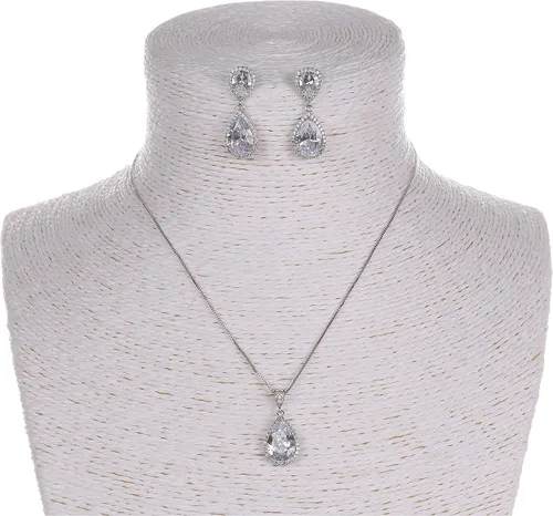 Vista 7 de Conjunto de joyería para boda, aretes de lagrima y collar con dije de circonio cúbico