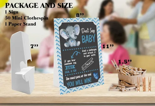 Vista 2 de Blue Elephant Don't Say Baby Game - 1 letrero y 50 mini pinzas naturales para la ropa, juego de baby shower de género neutro y decoraciones