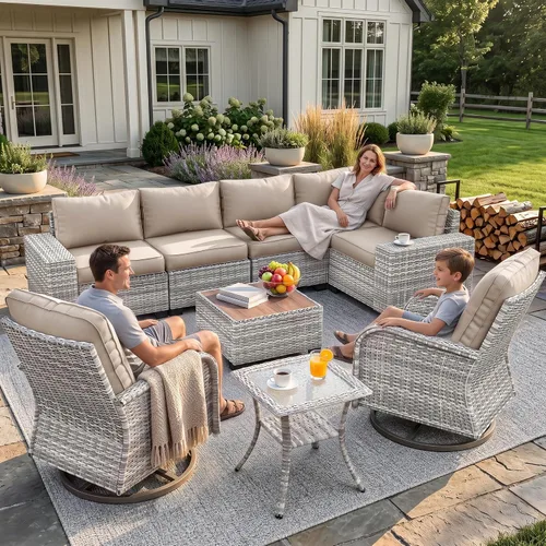 Vista 34 de Muebles de patio al aire libre conjunto PE mimbre ratán al aire libre sofá seccional Gris