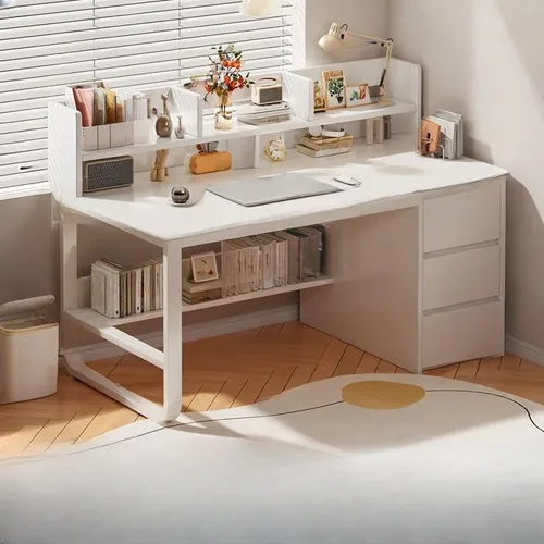 Vista 11 de Escritorio moderno con 3 cajones, mesa de estudio de computadora con gabinete para oficina en casa, estación de trabajo para espacios pequeños Gris
