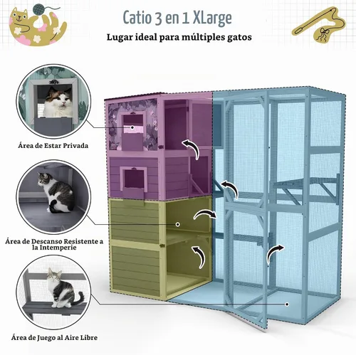 Vista 7 de COZIWOW Catio grande de madera para gatos, recinto al aire libre con techo resistente a la intemperie, 2 salas de descanso, 2 plataformas, corralito