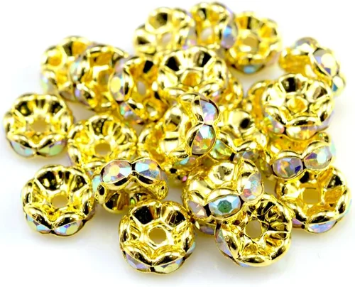 Vista 30 de RUBYCA 100 unidades de cuentas espaciadoras redondas estilo Rondelle en tono dorado de 10 mm, cristal checo AB blanco