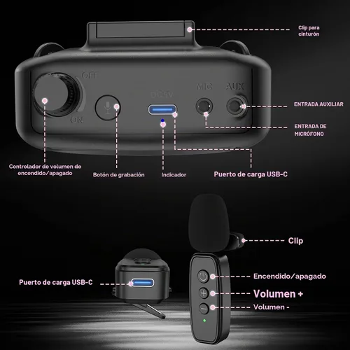 Vista 7 de TRELC Amplificador de Voz Inalámbrico con Micrófono Lavalier, Altavoz de Solapa Inalámbrico Portátil Recargable con Clip para Profesores, Reducción