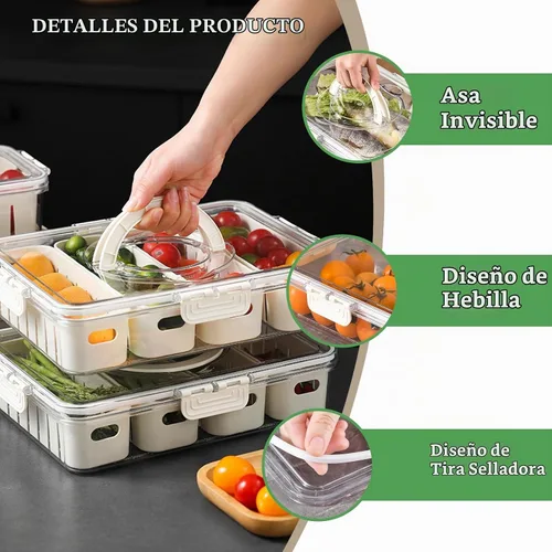 Vista 4 de Recipientes de barra de ensalada para refrigerador con mango de tapa, bandeja para verduras de almacenamiento de frutas Salad Prep Container with