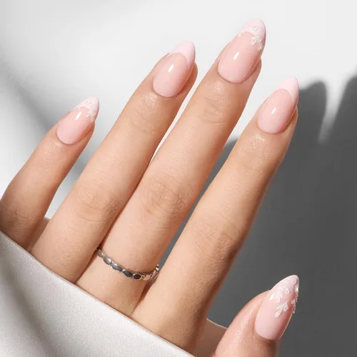 Vista 21 de Modelones Uñas postizas a presión con punta francesa de almendra, uñas postizas cortas de almendra para mujer, kit de uñas reutilizables