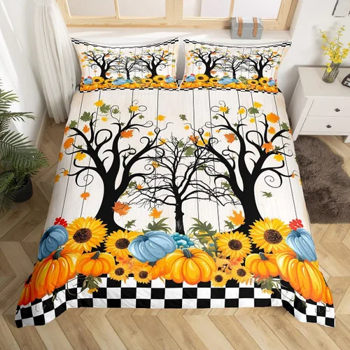 Vista 7 de Juego de funda de edredón de otoño, tamaño individual, diseño de hojas de calabaza, dibujos animados, arcoíris, zorro, oso, ciervo, para niños