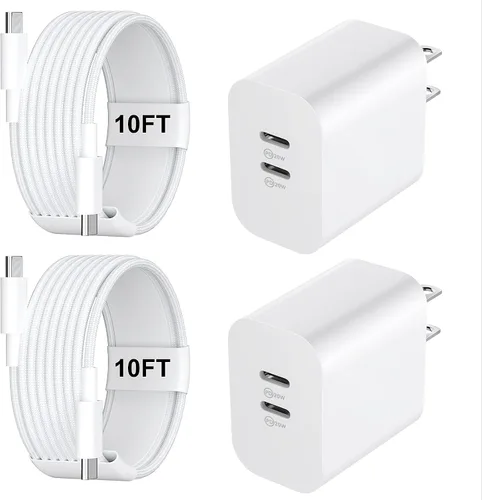Vista 14 de Cargador para teléfono 15/16/17 Pro Max de carga rápida, bloque de carga USB C de doble puerto de 20 W con cable de carga USB C a C de 6.6 pies