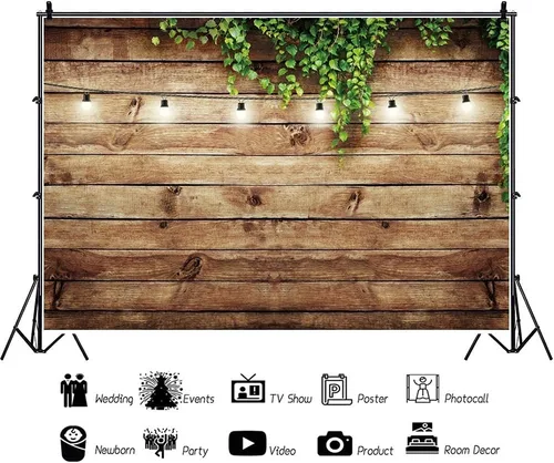 Vista 4 de Fondo rústico de 10x8 pies para fotografía de hojas verdes, bosques, telones de fondo de fotos, telones de fondo de tablones de madera para bodas