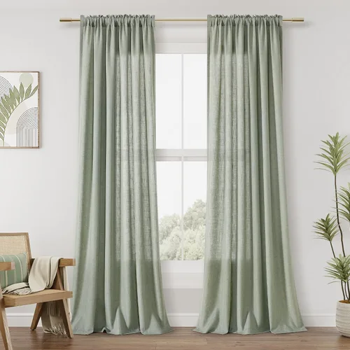 Vista 101 de Cortinas de lino verde aguamarina de 84 pulgadas de largo, juego de 2 paneles semitransparentes con bolsillo para barra para comedor, decoración