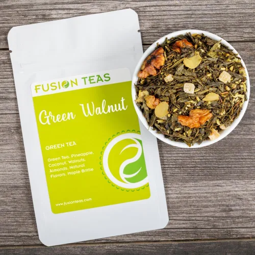 Vista 3 de Té verde de nuez verde con piña, coco, almendras y arce - Té de sencha gourmet de hojas sueltas - Bolsa de 4 onzas