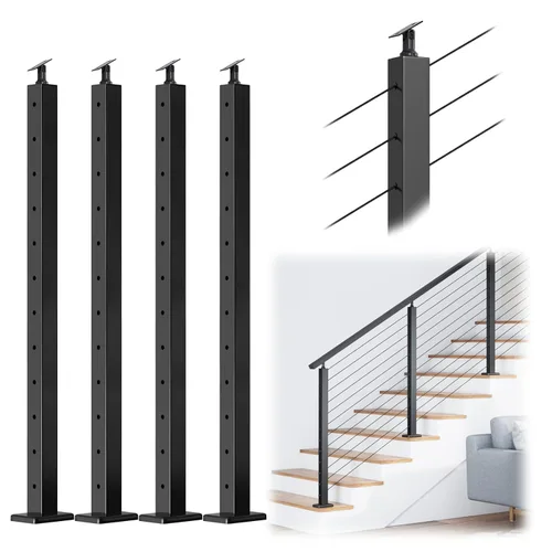 Vista 8 de Muzata Paquete de 4 postes de barandilla de cable negro de 42 pulgadas, 42 x 2 x 2 pulgadas, montaje en superficie perforada de nivel T304, kit