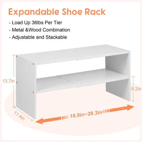 Vista 2 de Organizador de zapatos blanco expandible de 2 niveles para armario, estante de almacenamiento apilable para zapatos, estantes pequeños de zapatos