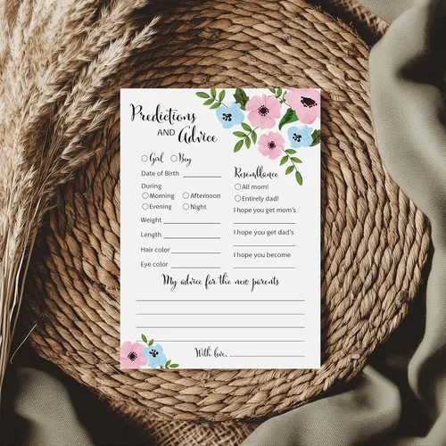 Vista 4 de GENDER REVEAL Tarjetas de predicción y consejos – Paquete de 25 – Juegos de baby shower azules o rosas, nuevos padres, mamá y papá futuros, mensaje