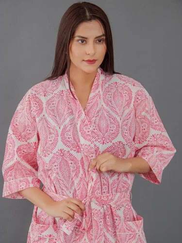 Vista 4 de Cárdigan tipo kimono con estampado indio para mujer, cuello en V, suelto, para playa, vestido de noche tipo kimono de algodón Rosado