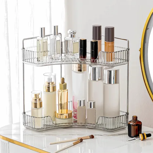 Vista 14 de Organizador de esquina para encimera de baño, estante de baño, organizador de maquillaje para tocador, bandeja de perfume para almacenamiento en Azul