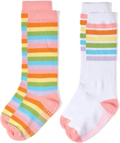 Vista 2 de EPEIUS Calcetines altos a la rodilla con rayas arco iris para bebé, medias de tubo antideslizantes, calcetines de fútbol para niños pequeños y niños