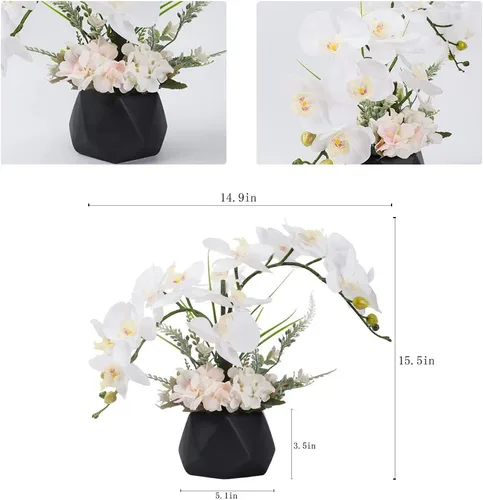 Vista 4 de LESING Artificial Potted Orchid Flower for Table Centerpieces,Real Touch White Fake Orchid Flowers in Vase for Home Decoration (Style 2,Black Vase)