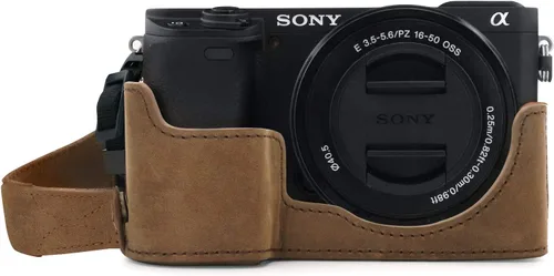Vista 8 de MegaGear MG1641 Ever Ready - Media funda de cuero genuino para cámara compatible con Sony Alpha A6100, A6400 - Negro