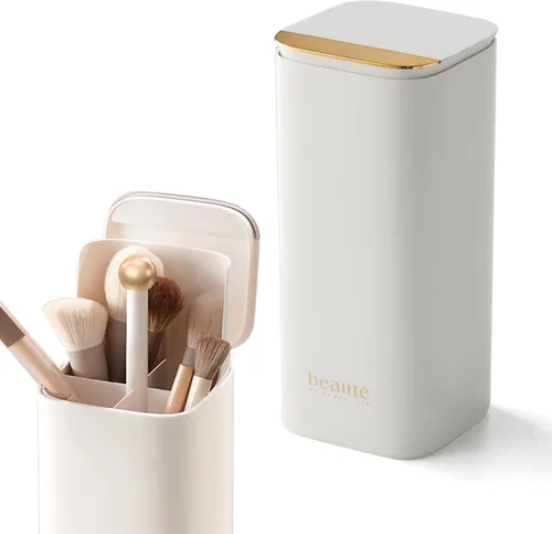 Vista 6 de Soporte para brochas de maquillaje emergente con tapa, organizador de brochas de maquillaje de 4 ranuras, organizador de cosméticos de maquillaje