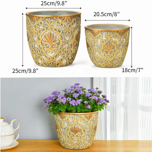 Vista 7 de Sungmor Macetas grandes de cemento resistentes, hermosas macetas de jardín de hormigón en relieve, juego de 2 macetas de 8 y 10 pulgadas