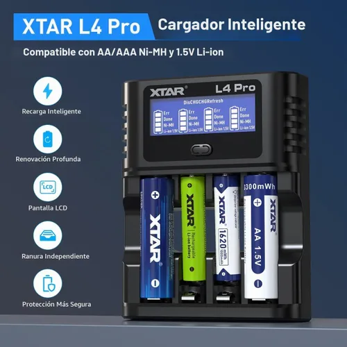 Vista 4 de XTAR L4 Pro Cargador de Batería para AA AAA, Pantalla LCD, Carga Independiente de 4 Ranuras, Compatible con Baterías Recargables de 1.2V Ni-MH
