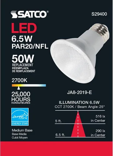 Vista 9 de Satco Bombilla LED de estado sólido S9400, plata, 7 vatios, voltaje 120, 525 lúmenes iniciales, forma de lámpara PAR20, base media, base ANSI E26