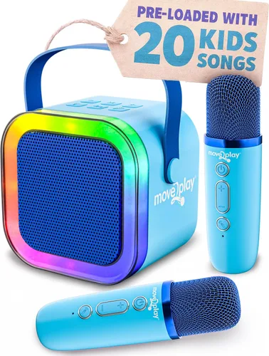Vista 15 de Move2Play, Mini máquina de karaoke para niños Más de 20 canciones integradas Altavoz Bluetooth con micrófonos Efectos de voz Juguete musical