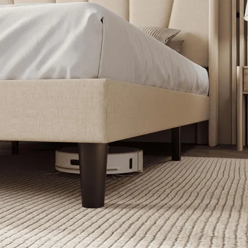Vista 5 de Allewie Base de cama de plataforma tamaño Queen con cabecera geométrica con respaldo de alas, cama tapizada bohemia con soporte de listones de Beige