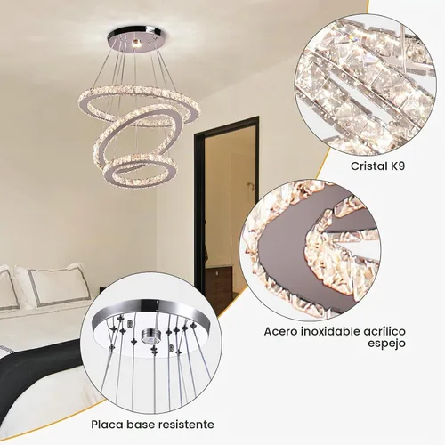 Vista 2 de CLAIRDAI Candelabros de Cristal Modernos Ajustables de Cristal de 3 Anillos Lámpara de Techo LED Candelabros LED para Comedor Dormitorio Sala