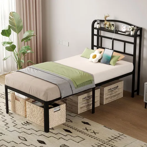 Vista 6 de SHOANED Base de cama de metal de 18 pulgadas, base de colchón básica de plataforma resistente de color negro con cabecera y estación de carga,