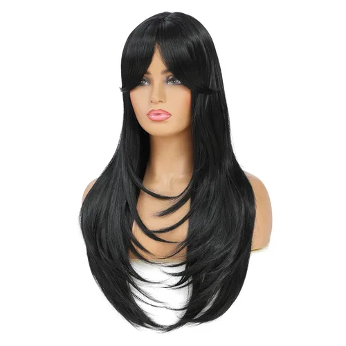 Vista 4 de SWACC Peluca de pelo sintético con flequillo largo en capas para mujeres con gorra de peluca (negro)