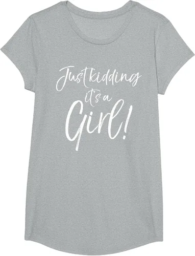 Vista 74 de Camiseta divertida de revelación de género Blue Trick Just Kidding It's a Girl!, Azul / Patchwork, S Azul Pastel