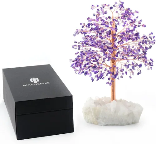 Vista 4 de Árbol de la vida con piedras preciosas de amatista natural, base de cuarzo transparente, bonsái de dinero de chakras, Feng Shui, cristales curativos