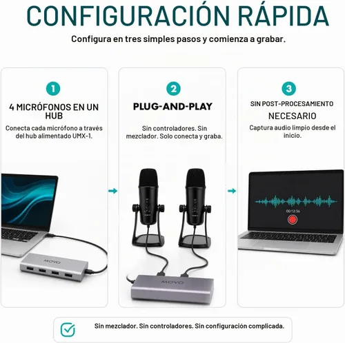 Vista 6 de Movo - Paquete de equipo de podcast USB para 4 personas, 4 micrófonos de condensador, Hub y estuche Negro
