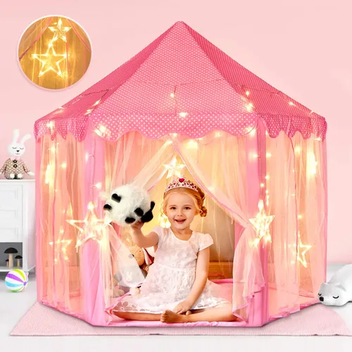Vista 9 de wilwolfer Tienda de campaña tipo castillo de princesa para niñas, tienda de campaña hexagonal grande para jugar, casa de juegos con luces de Tienda