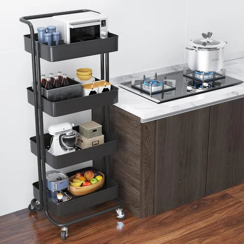 Vista 9 de Devo Carrito con ruedas de 4 niveles, carrito de almacenamiento resistente, con asa, 4 ganchos laterales, 2 tazas de almacenamiento y ruedas