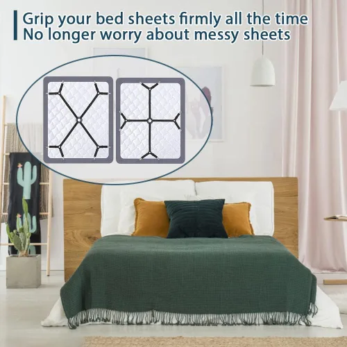 Vista 6 de Correas de cama, sujetadores, clips de sujeción, forma triangular, soporte de esquina ajustable entrecruzado para individual/Queen/King, negro