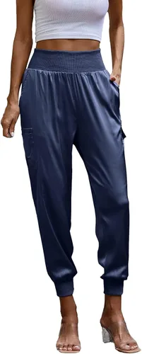 Vista 2 de Pantalones deportivos de satén para mujer, casuales, de cintura alta, para descansar, informales, hasta el tobillo, pantalones cargo de satén sedoso