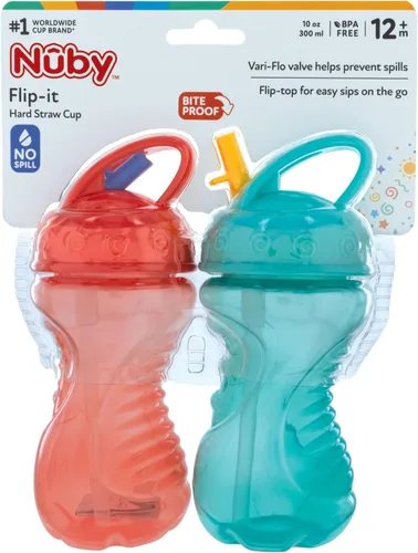 Vista 2 de Nuby Flip-It - Vasos duros con pajita Vari-Flo (paquete de 2) 10 onzas, resistentes a derrames, a partir de 12 meses, color aguamarina/rojo