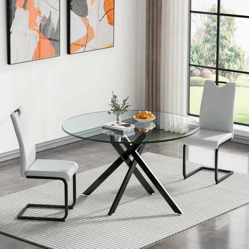 Vista 55 de HomVent Juego de mesa de comedor redonda de vidrio de 3 piezas, juego de mesa de cocina de vidrio redondo para 2 personas con 2 sillas de comedor