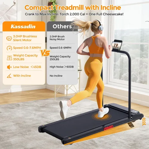 Vista 3 de KASSADIN Almohadilla para caminar con barra de asa, caminadora portátil con asas para el hogar pequeño, 3.0 HP debajo del escritorio, caminadora