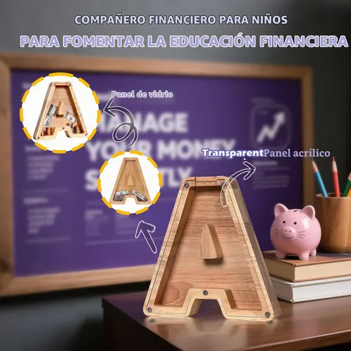 Vista 6 de Alcancía de Madera Personalizada con Letras del Alfabeto, Banco de Monedas con Letras del Alfabeto para Niños, Niñas y Bebés, Tamaño Grande, 26