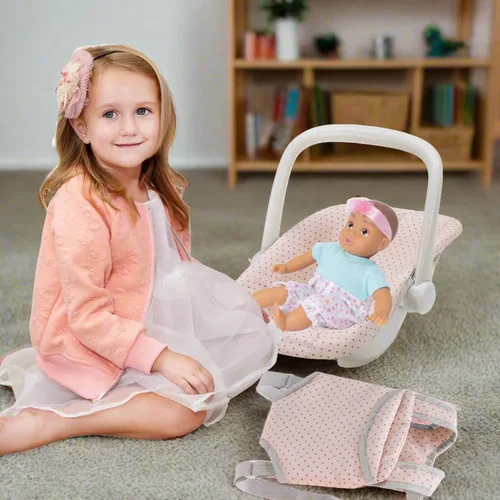 Vista 3 de Olivia's Little World Conjunto de Portabebés y Asiento de Coche de Muñeca Bebé Princesa de Lunares, Rosa/Gris Rosa/Gris