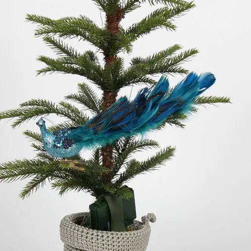 Vista 4 de Adornos de Navidad 2023, plumas de pavo real, pavo real con adorno de purpurina con clip, decoraciones de pájaros falsos para árboles de Navidad