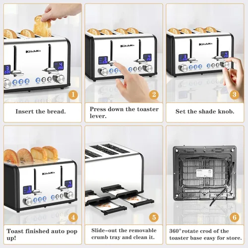 Vista 6 de Tostadora de 4 rebanadas, tostador de panecillos de acero inoxidable KitchMix con temporizador LCD, ranuras extra anchas, pantalla dual, bandeja