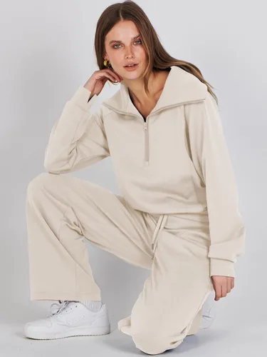 Vista 7 de Prinbara Conjunto de 2 piezas para mujer, conjunto de descanso para otoño, sudadera de gran tamaño, pantalón de pierna ancha, casual, conjunto