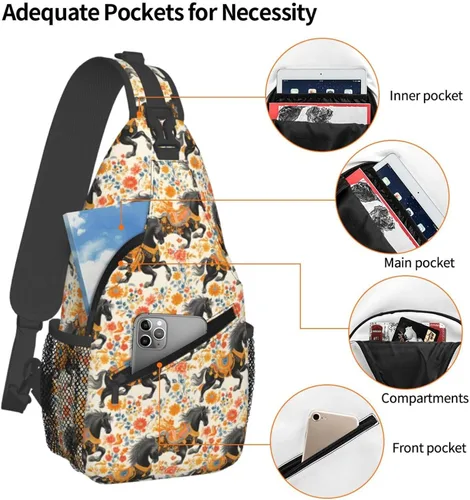 Vista 4 de Small Crossbody Bags for Women Men - Vintage Flowers Horse Black Print Adjustable Shoulder Bag Fanny Packs Belt Sling Bag Crossbody Purses Backpack