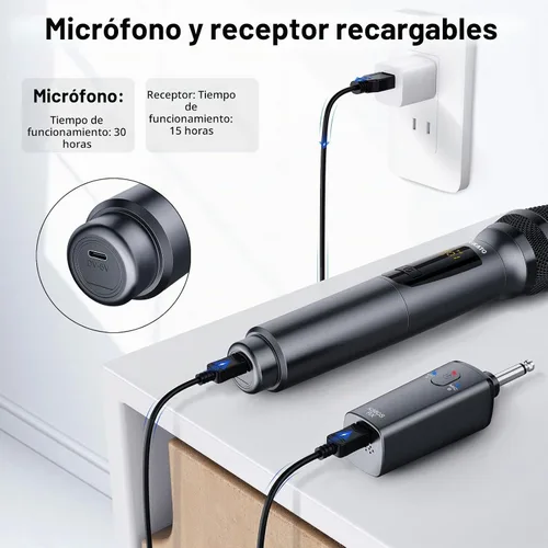 Vista 3 de LEKATO Micrófono Inalámbrico Micrófonos Inalámbricos Recargables con Receptor Sistema de Micrófono de Mano Dual Micrófono Dinámico para Cantar